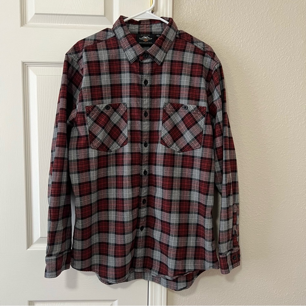 Harley Davidson Genuine Motorclothes Plaid Flannel Shirt Red Gray Men’s Large